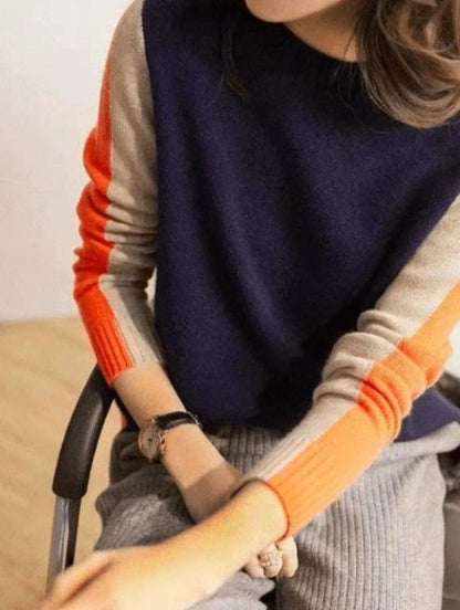 Vera - Marineblauwe en Oranje Trui met Retro Strepen